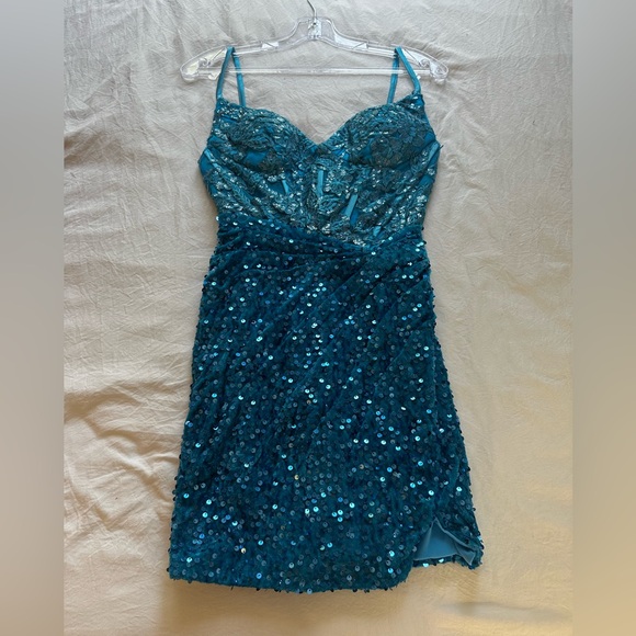Glamorous Teal Sequin Mini Dress - Picture 1 of 4